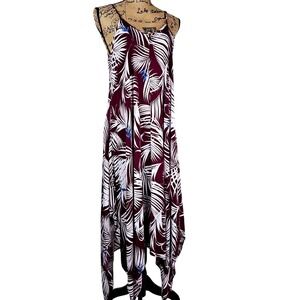 LM Beach Maxi Dress Plum White Palm Tropical Leaf  Spaghetti Strap Flowy‎ L/G